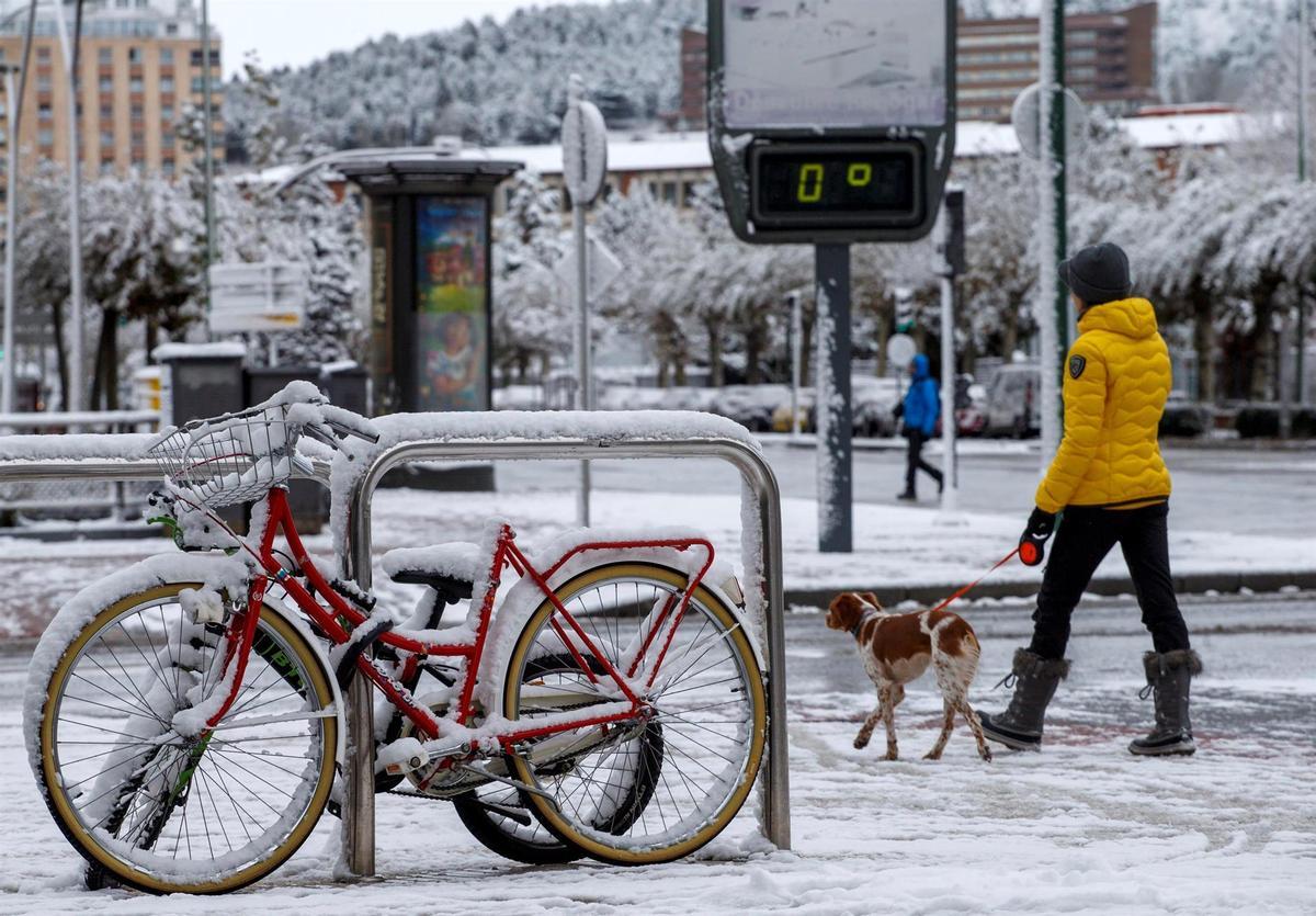 Una mujer pasea a su perro por una calle de Burgos, nevado debido al temporal.