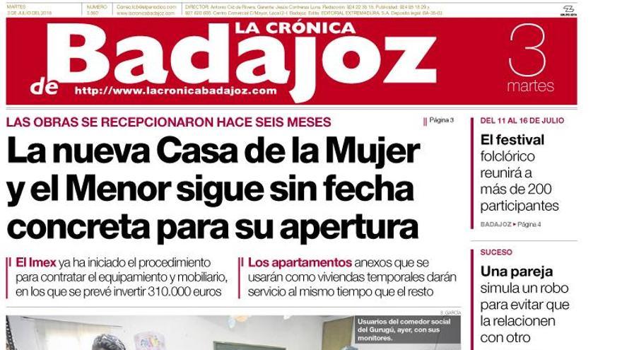 Esta es la portada de LA CRÓNICA DE BADAJOZ correspondiente al día 3 de Julio del 2018