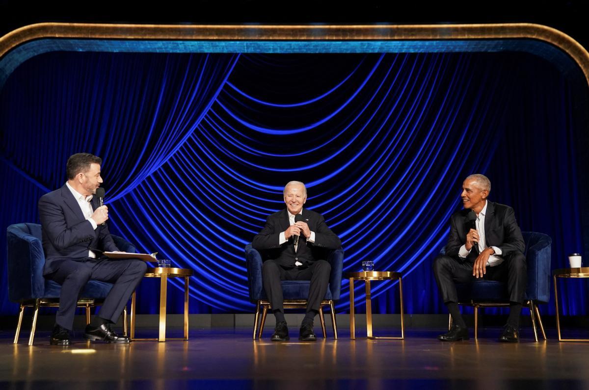 U.S. President Joe Biden takes part in a conversation with former U.S. President Barack Obama and late-night talk-show host Jimmy Kimmel during a star-studded campaign fundraiser at the Peacock Theater in Los Angeles, California, U.S., June 15, 2024. REUTERS/Kevin Lamarque