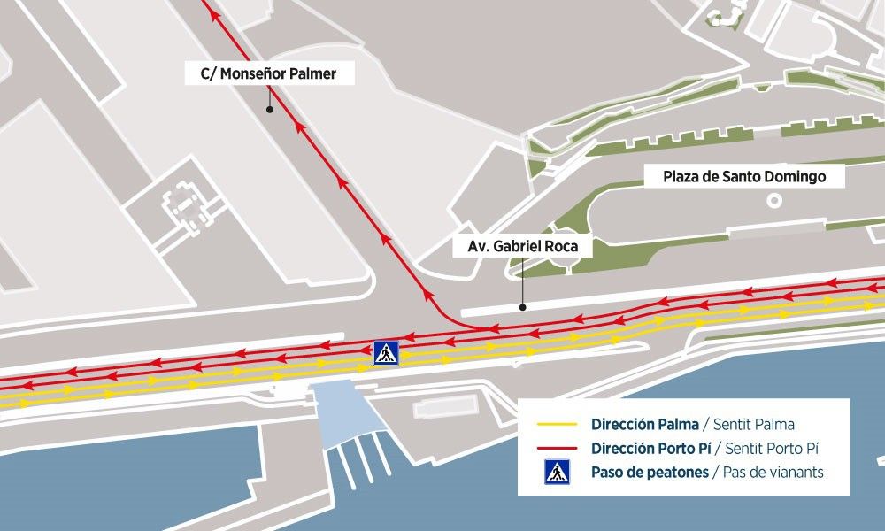 Plano del entorno de calle Monseñor Palmer y avenida Gabriel Roca, en la que se visualiza la reordenación del tráfico con las diferentes actuaciones a realizar.