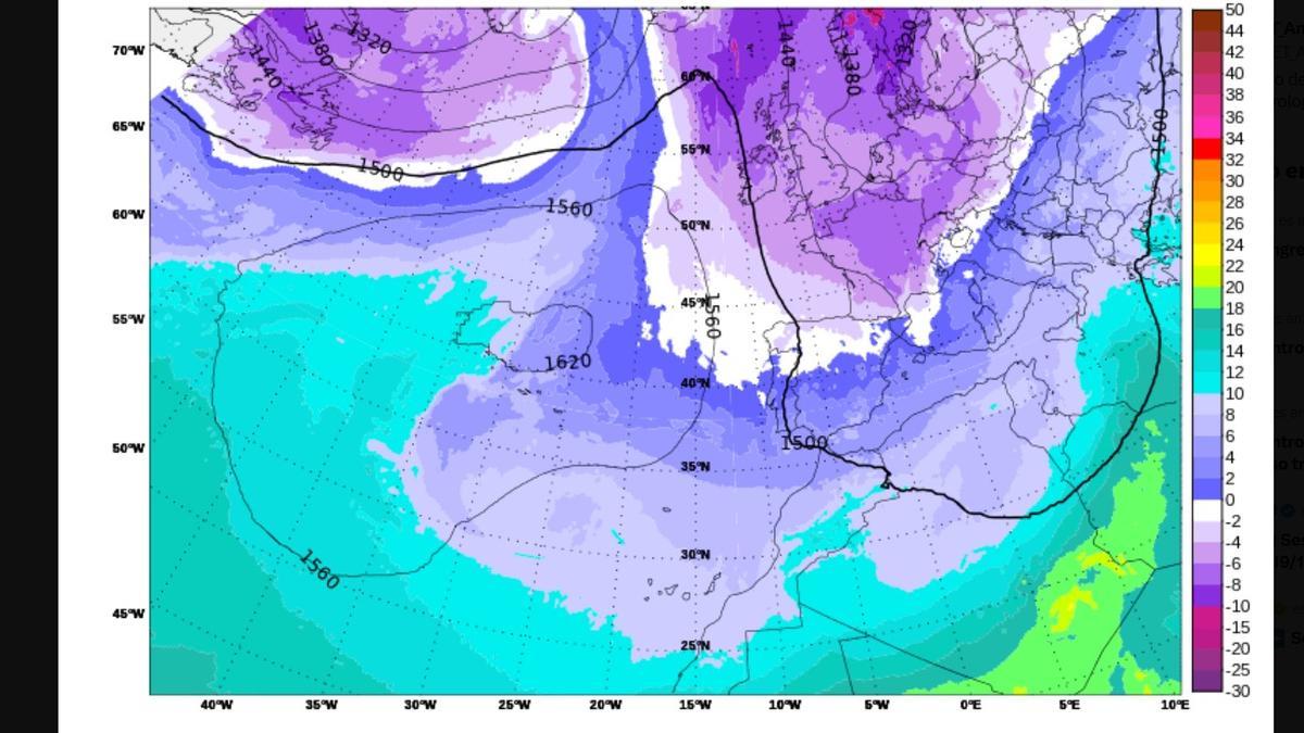 Llegada del chorro polar ártico a España, en mapa difundido por la Aemet.