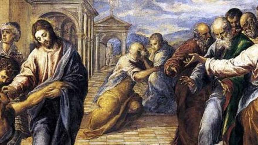 Un cuadro de El Greco representando a Jesús curando a un ciego. La pintura se puede ver en la Galería de Antiguos Maestros de Dresde.