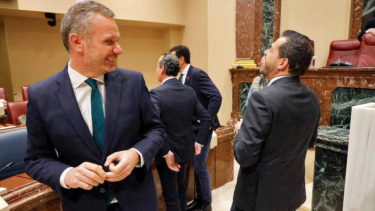 Los portavoces del PP y Vox, Joaquín Segado y Rubén Martínez Alpañez, ríen en la Asamblea el pasado viernes.