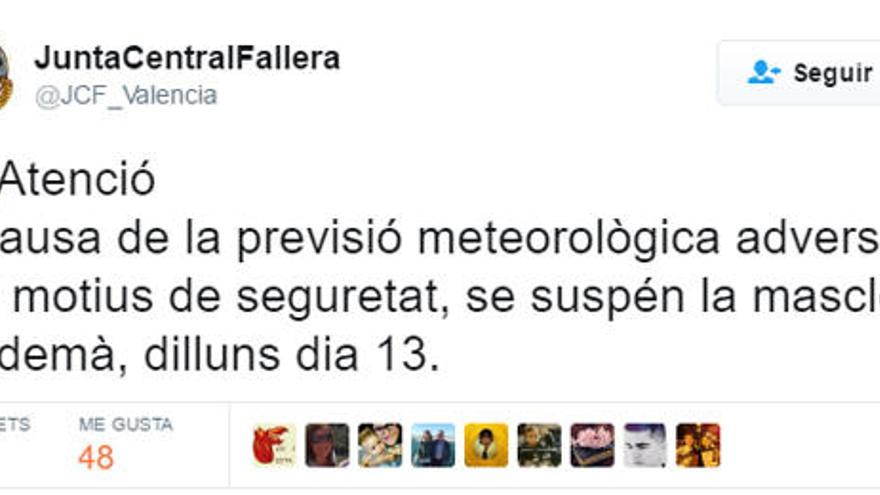 Suspendida la mascletà de este lunes