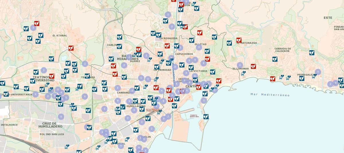 Mapa de desfibriladores en Málaga capital