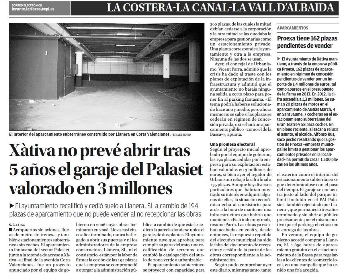 Noticia publicada en 2013 sobre el aparcamiento de Corts Valencianes.