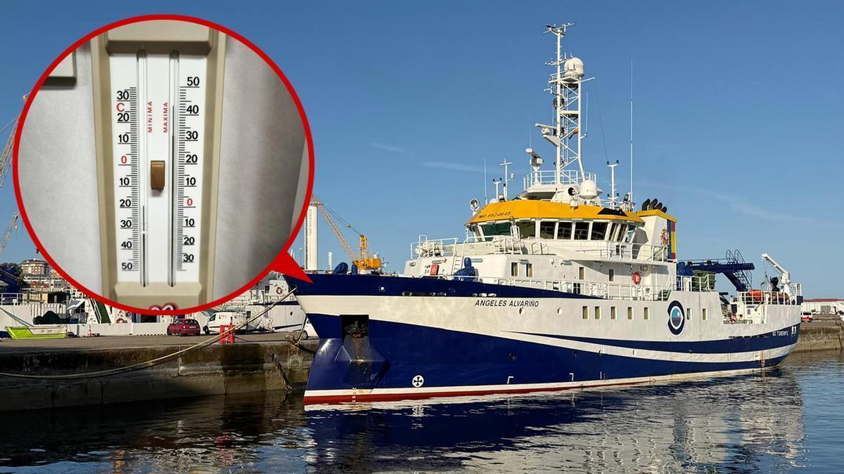 Termómetro a bordo marcando 43º; a la derecha, el «Ángeles Alvariño» este viernes en Vigo.