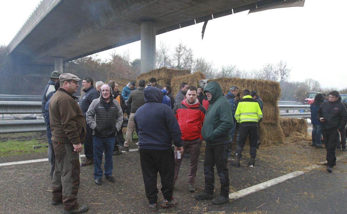 Los ganaderos hablan entre ellos en medio de la A-52, este domingo.