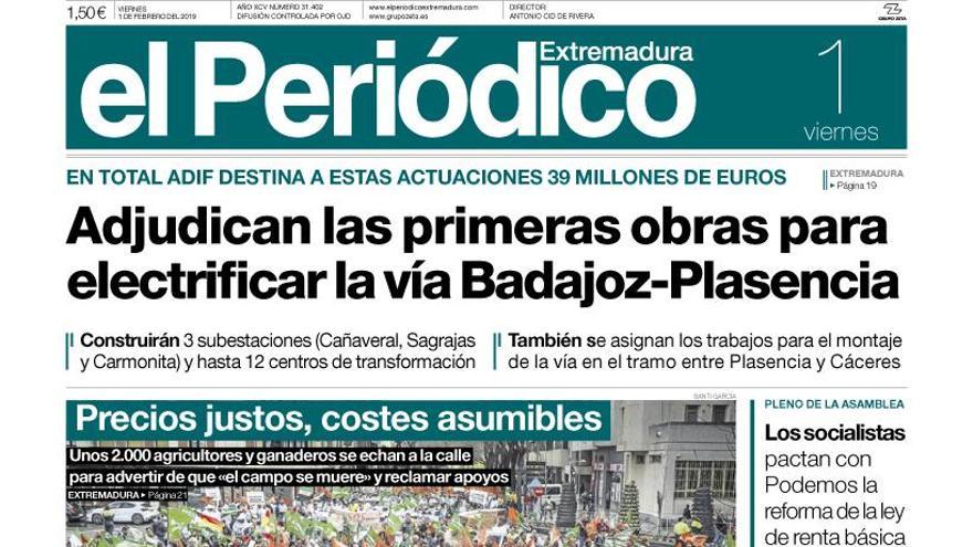 Esta es la portada de EL PERIÓDICO EXTREMADURA correspondiente al día 1 de febrero del 2019