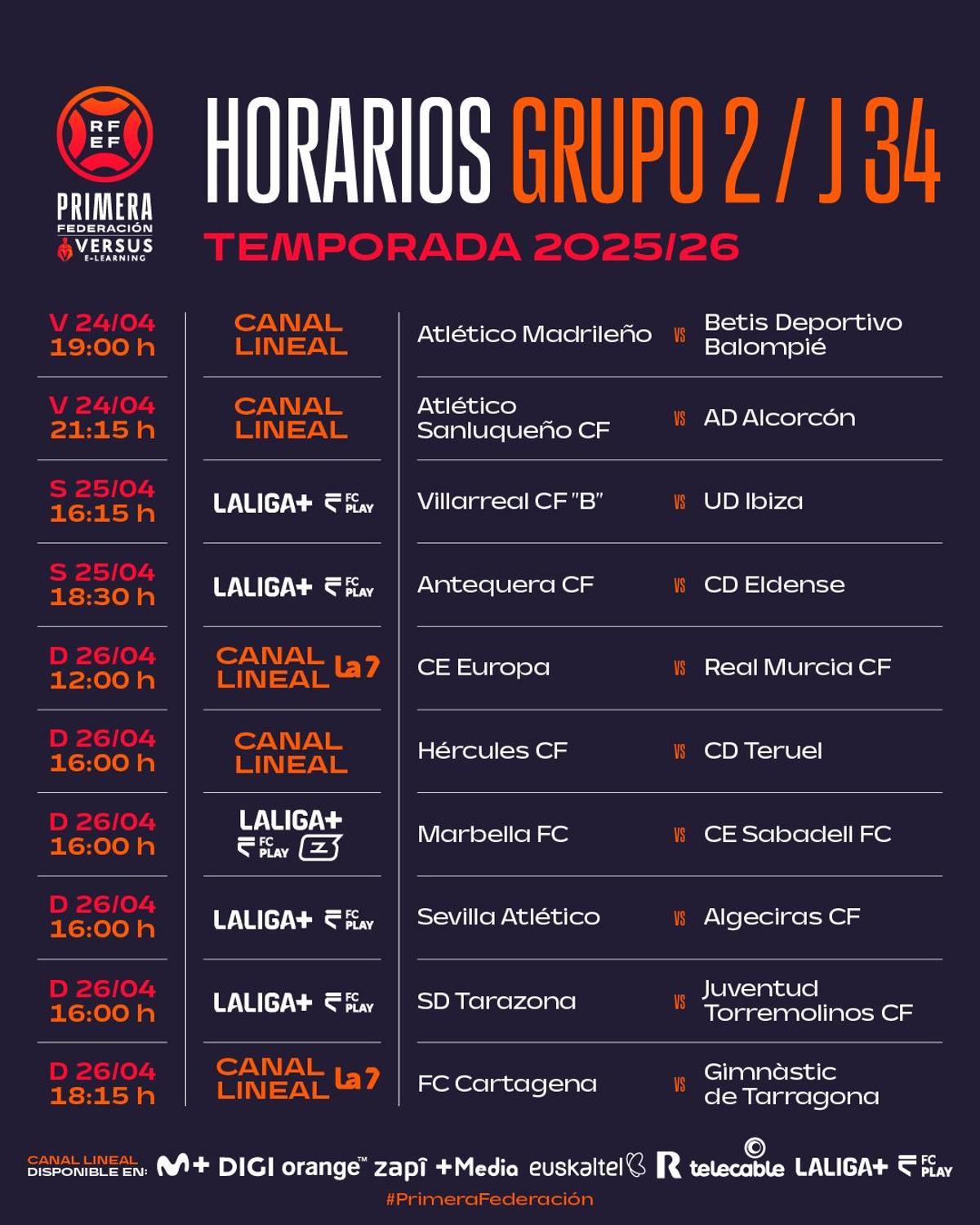 Horario (y canal de televisión) de todos los partidos de la jornada 34 relativos al Grupo II de Primera RFEF.