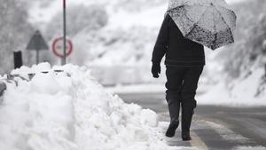 GRA314. LUGO, 26/02/2016.- Una mujer camina por la LU-633, cubierta de nieve, la Delegación del Gobierno en Galicia ha activado en su fase de alerta el Plan de Vialidad Invernal en la Red de Carreteras del Estado de las provincias de Lugo, Ourense y Pontevedra. Según las predicciones meteorológicas, desde hoy y hasta mañana por la tarde podrían producirse acumulaciones de nieve de veinte centímetros en las montañas de Lugo y Ourense. EFE/Eliseo Trigo