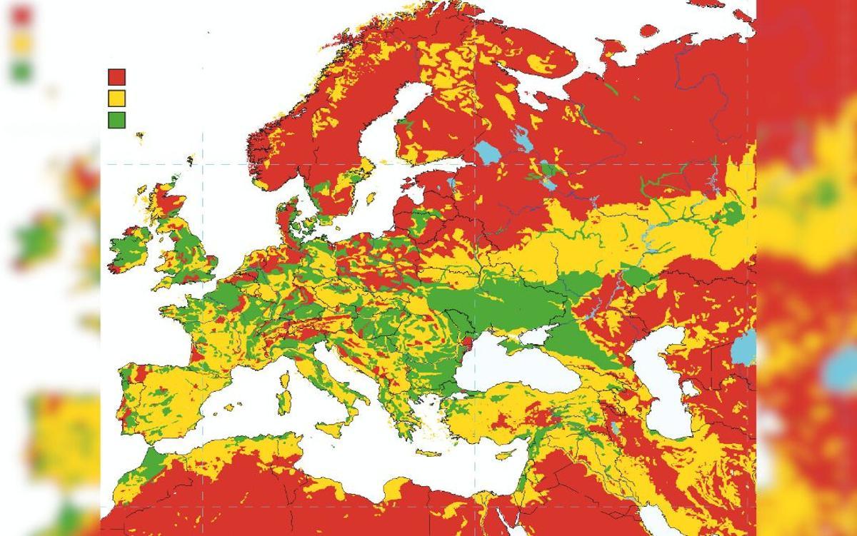Rendimiento del suelo. En rojo, bajo rendimiento; en amarillo, medio rendimiento; en verde, alto rendimiento. Fuente: Departamento de Agricultura de EEUU.