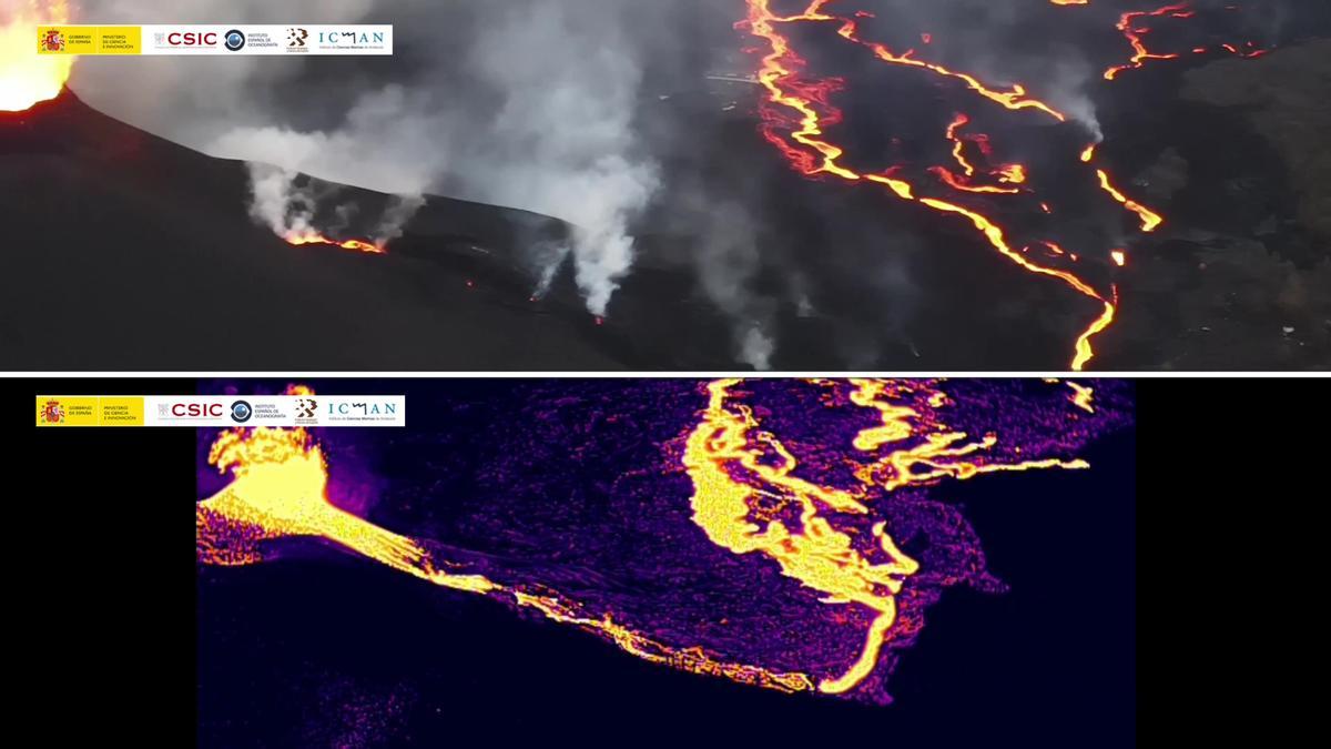 Coladas y bocas del volcán de La Palma, al natural y en imagen térmica.