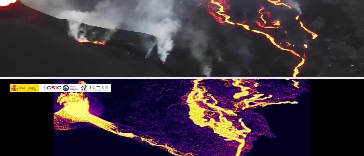 Las coladas y las bocas del volcán de La Palma, al natural y en visión térmica