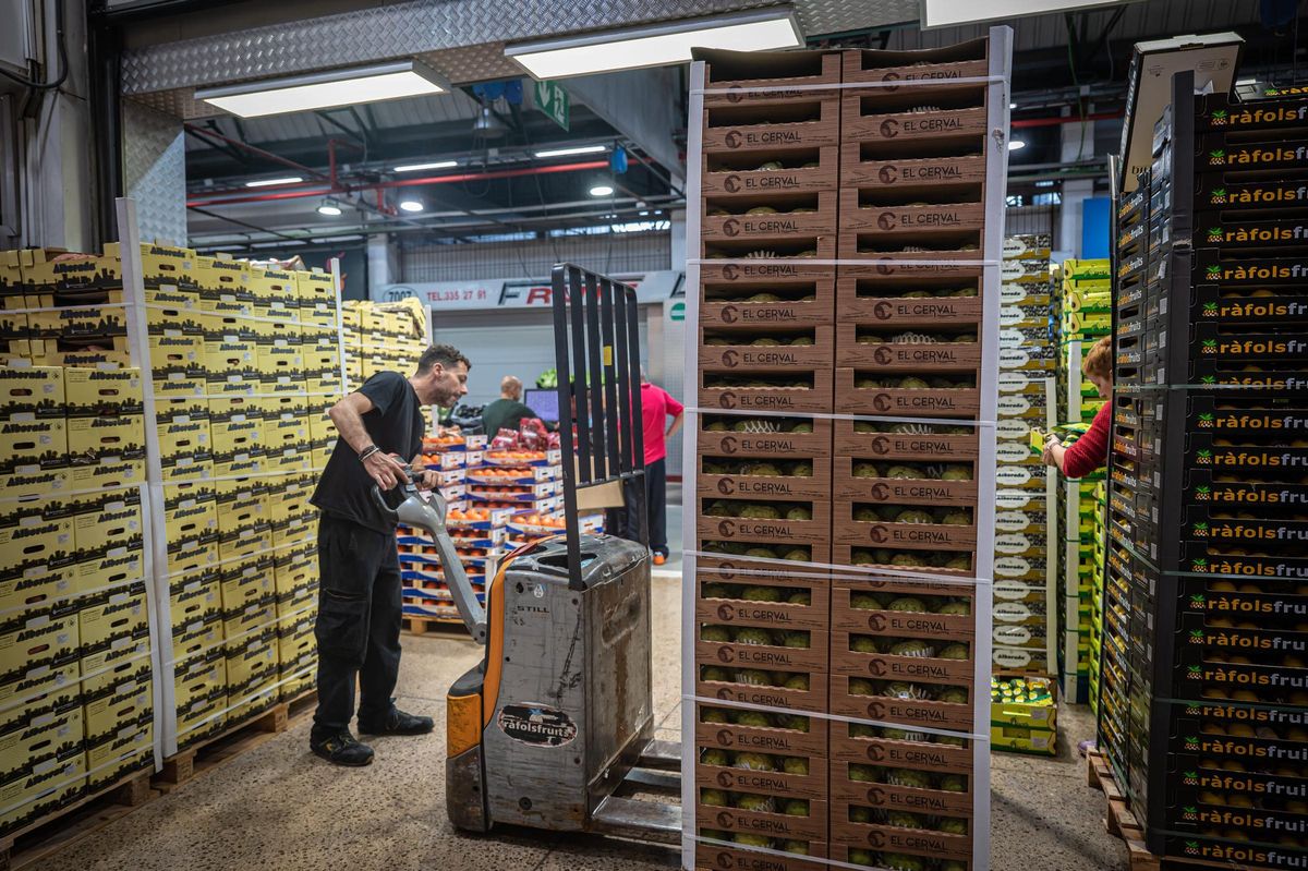 Un trabajador junto a un puesto de frutas en Mercabarna. (2020)