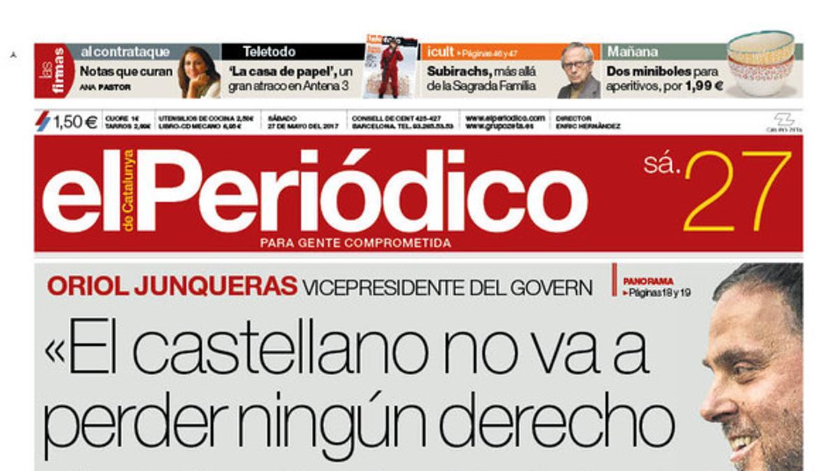 La portada de EL PERIÓDICO del sábado, 27 de mayo del 2017.