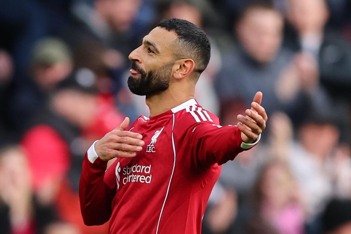 LIVERPOOL (United Kingdom), 12/04/2026.- Mohamed Salah of Liverpool celebrates scoring the 2-0 goal during the English Premier League soccer match between Liverpool FC and FC Fulham, in Liverpool, Britain, 11 April 2026. (Reino Unido) EFE/EPA/ASH ALLEN EDITORIAL USE ONLY. No use with unauthorized audio, video, data, fixture lists, club/league logos, 'live' services or NFTs. Online in-match use limited to 120 images, no video emulation. No use in betting, games or single club/league/player publications. EDITORIAL USE ONLY. No use with unauthorized audio, video, data, fixture lists, club/league logos, 'live' services or NFTs. Online in-match use limited to 120 images, no video emulation. No use in betting, games or single club/league/player publications