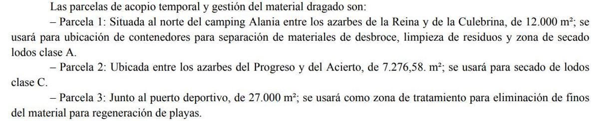 Detalle de las parcelas en las que se realizará el acopio de materiales. Entre ellas una situada junto al Camping Alania