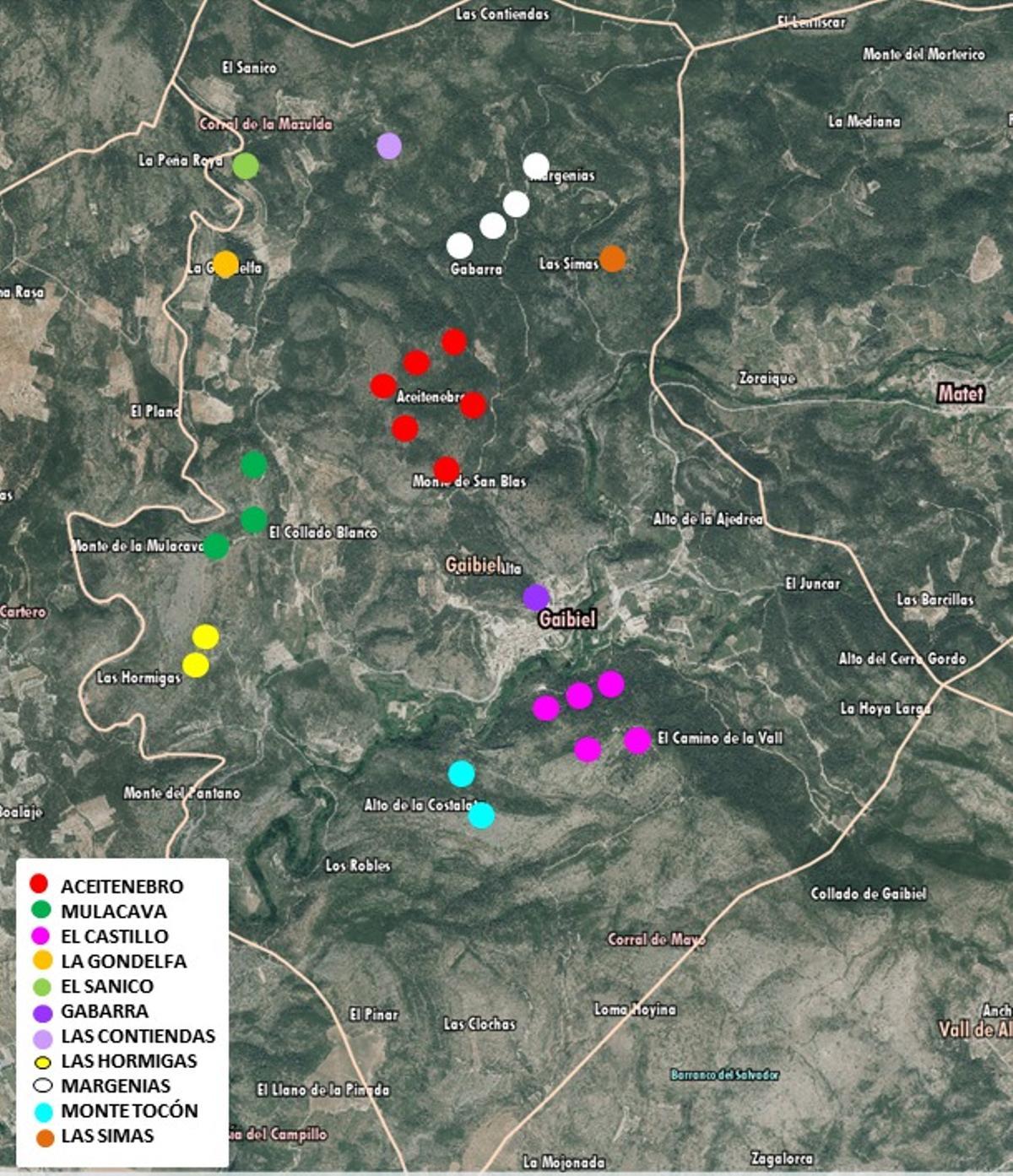 Mapa de los elementos bélicos catalogados en Gaibiel.