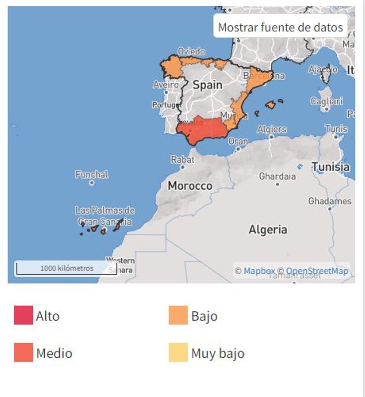 Mapa elaborado por la UE con el riesgo de tsunamis en España