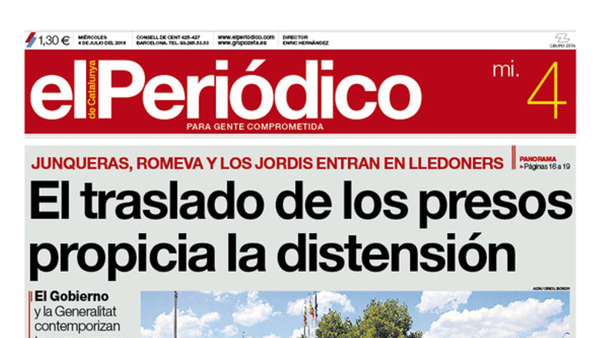 La portada de EL PERIÓDICO del miércoles 4 de julio del 2018.