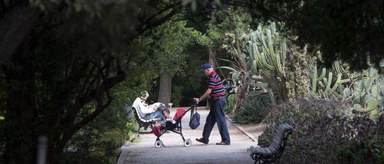 Un visitante paseando a su nieto por el recinto.