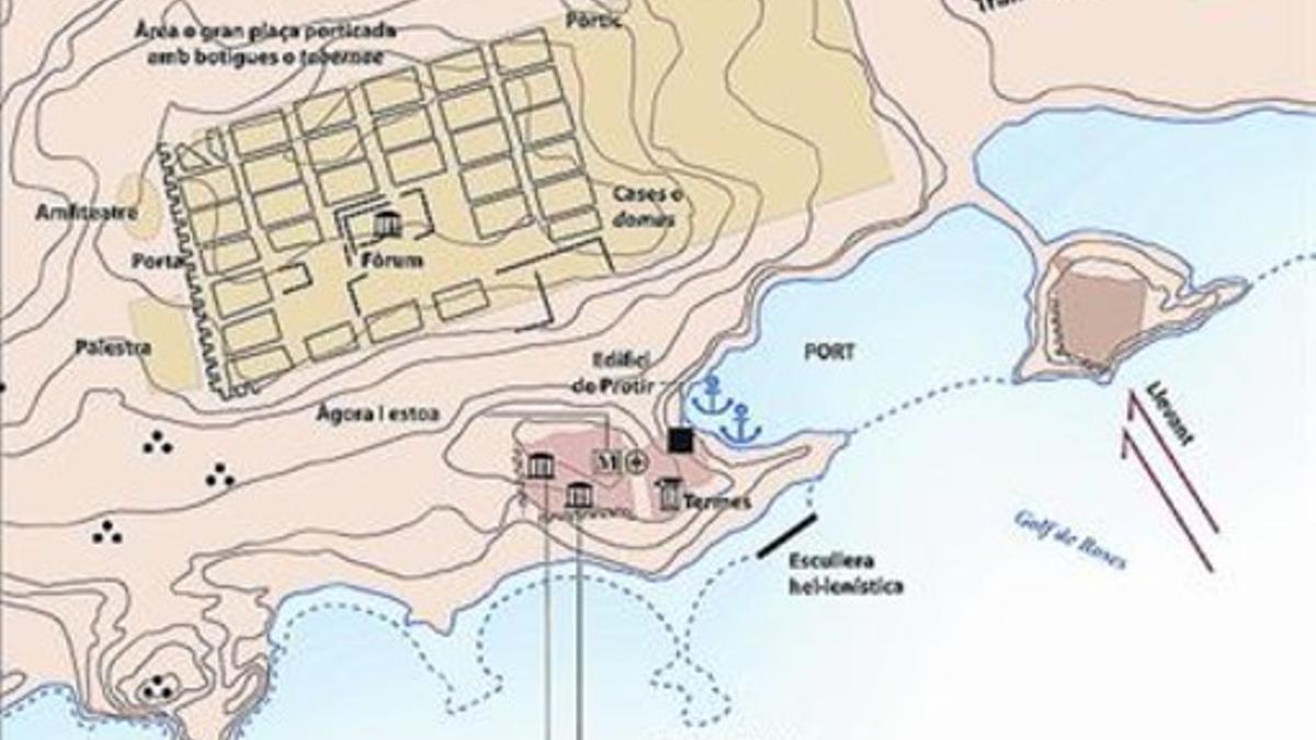 DESDE LOS INICIOS 3 Mapa del conjunto del territorio de Barcelona, con una red viaria que prefigura la actual (izquierda) y la Empúries del siglo I a. C.