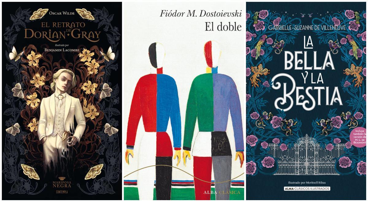 Portadas de 'El retrato de Dorian Gray', 'El doble' y 'La Bella y la Bestia'.
