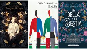 Portadas de El retrato de Dorian Gray, El doble y La Bella y la Bestia.