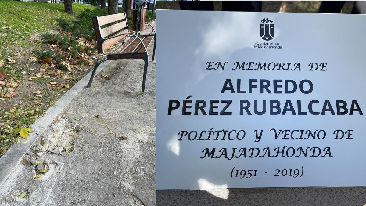 Daños en el monolito en honor de Alfredo Pérez Rubalcaba en Majadahonda (Madrid).