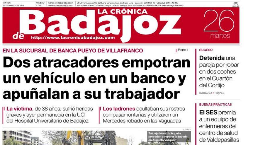 Esta es la portada de LA CRÓNICA DE BADAJOZ correspondiente al día 26 de marzo del 2019