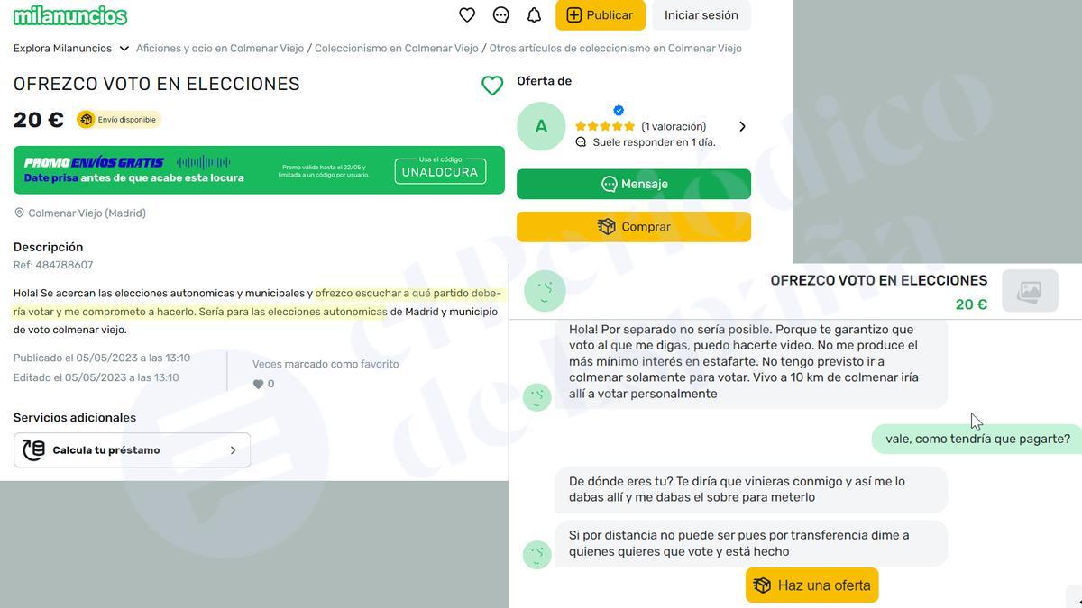 Mensajes de un vendedor de votos por Milanuncios. 