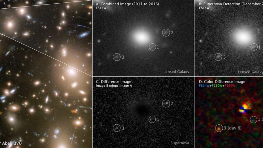Tres momentos diferentes en una explosión de supernova lejana fueron capturados en una sola instantánea por el Telescopio Espacial Hubble de la NASA/ESA. La estrella progenitora explotó hace más de 11.000 millones de años.