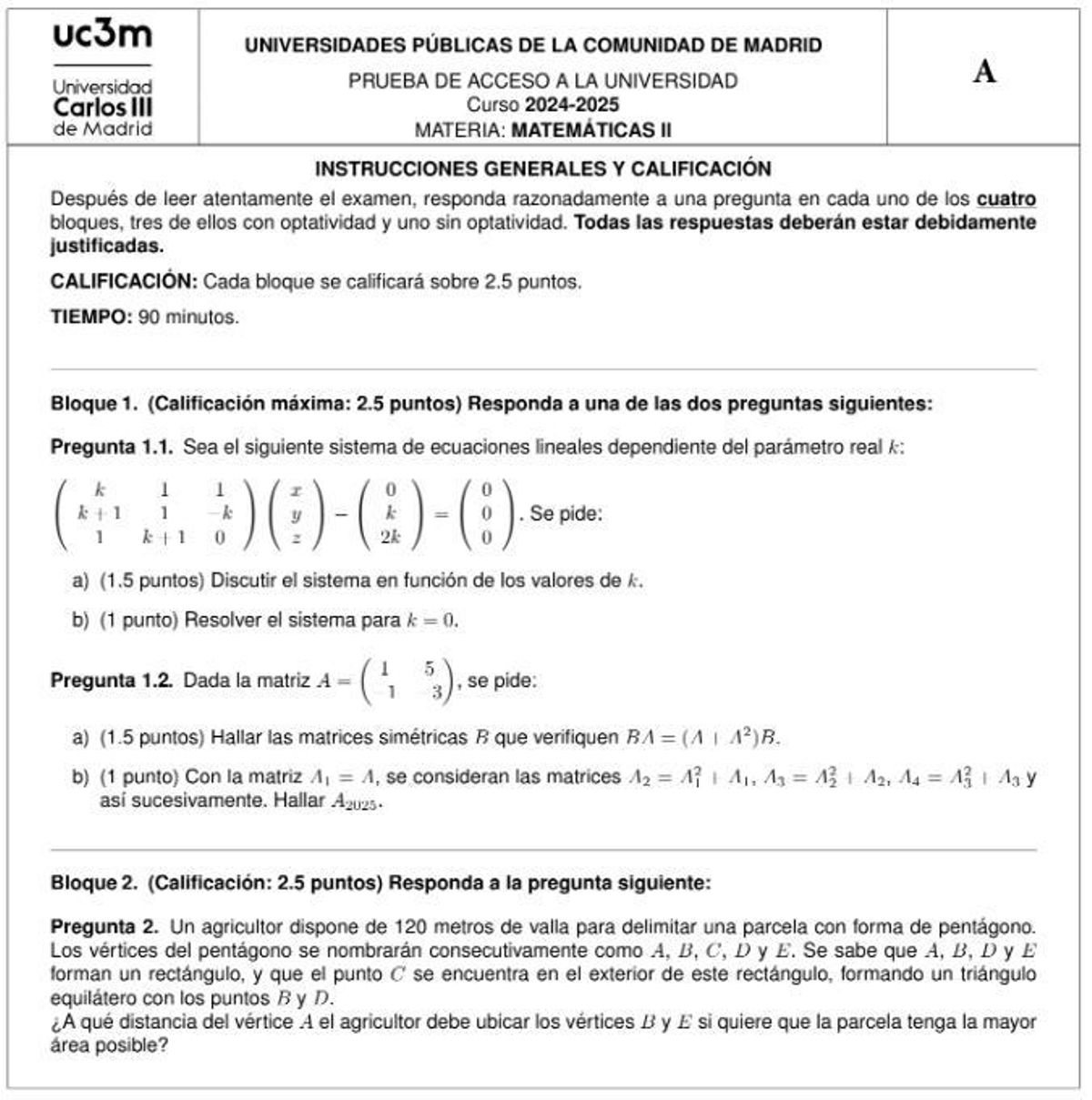 Examen de Matemáticas II de la PAU de julio de Madrid
