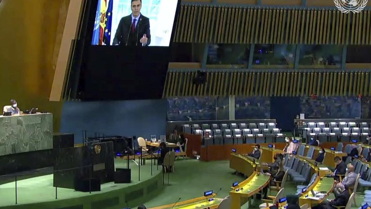 Pedro Sánchez, durante su discurso en la Asamblea General de Naciones Unidas via 'on line' desde Madrid.
