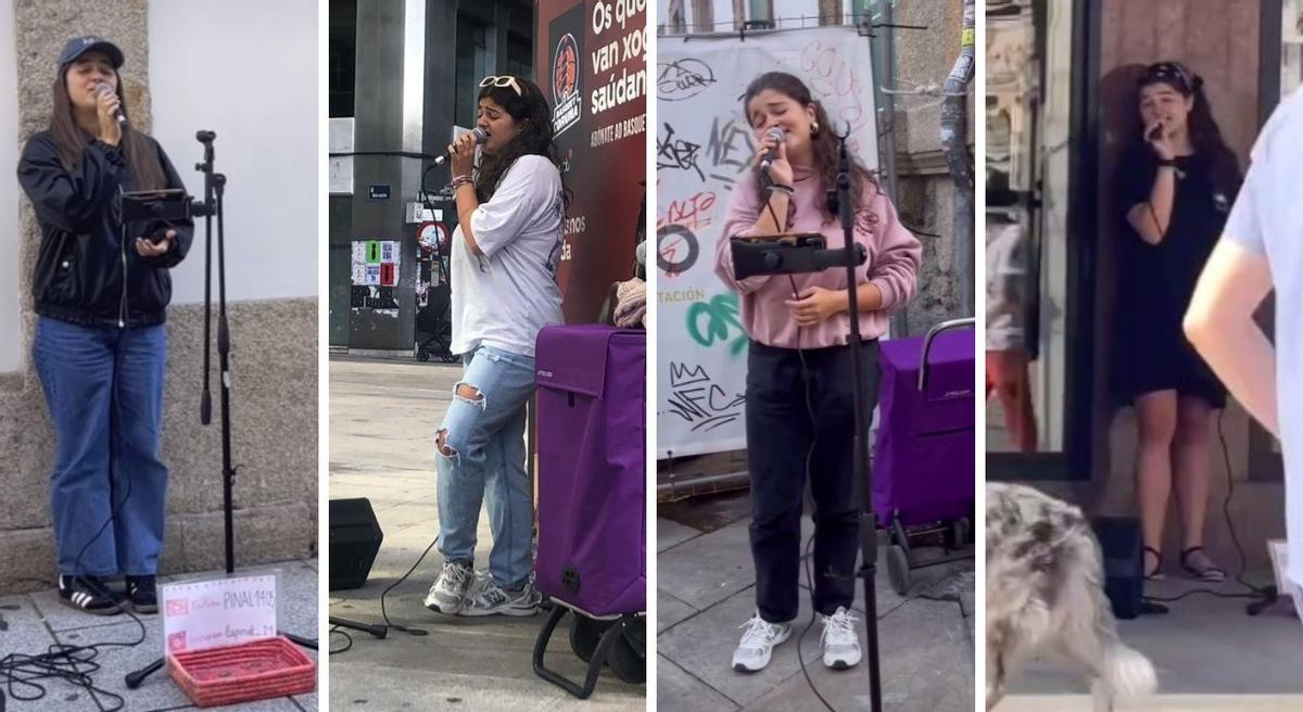 La joven viguesa Antía Pinal, en diferentes actuaciones callejeras en A Coruña y en la ciudad olívica.