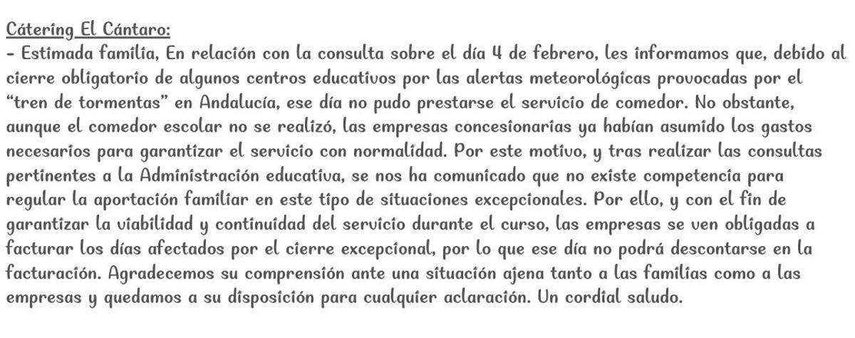 Respuesta del Catering El Cántaro a las familias.