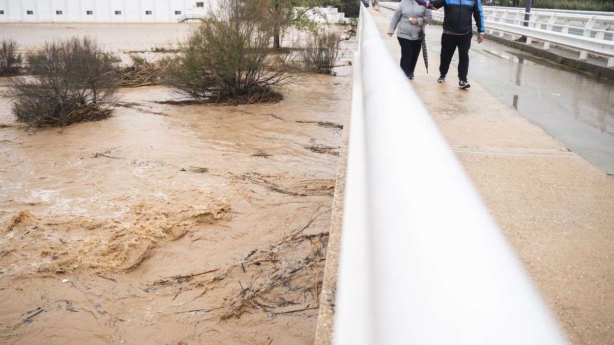Varias personas observan la crecida del río Magre, a 29 de octubre de 2024, en Alfarp, Valencia, Comunidad Valenciana (España). El Centro de Coordinación de Emergencias (CCE) ha elevado a rojo el nivel de alerta por lluvias en todo el litoral e interior norte de Valencia, donde estaba fijada la alerta naranja. De este modo, el CCE ha actualizado los planes de emergencia por la DANA que afecta este martes, 29 de octubre, a la Comunitat Valenciana, y que a primera hora de la mañana establecía el nivel rojo solo para el litoral sur de València. 29 OCTUBRE 2024;DANA;INUNDACIONES; Jorge Gil / Europa Press 29/10/2024. Jorge Gil;
