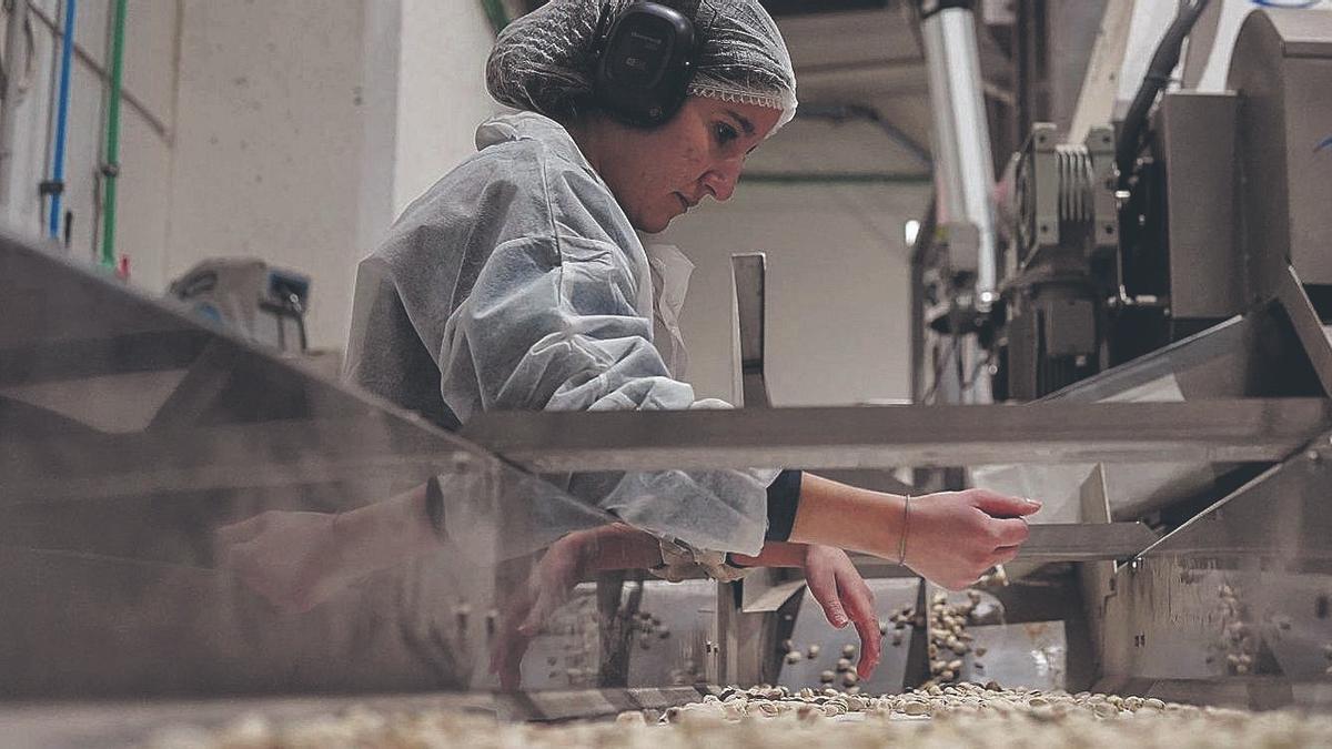 Una mujer en una línea de una fábrica