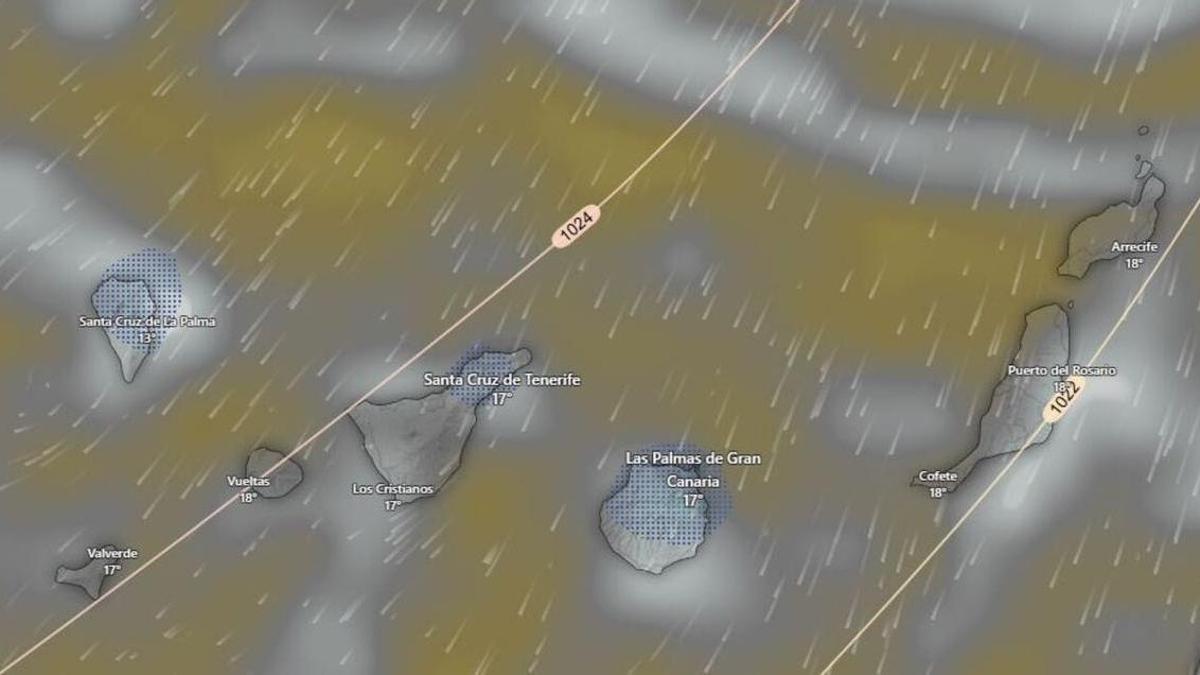 Pronóstico de nubes en Canarias para las 13.00 horas del domingo 12 de abril de 2026, según Windy