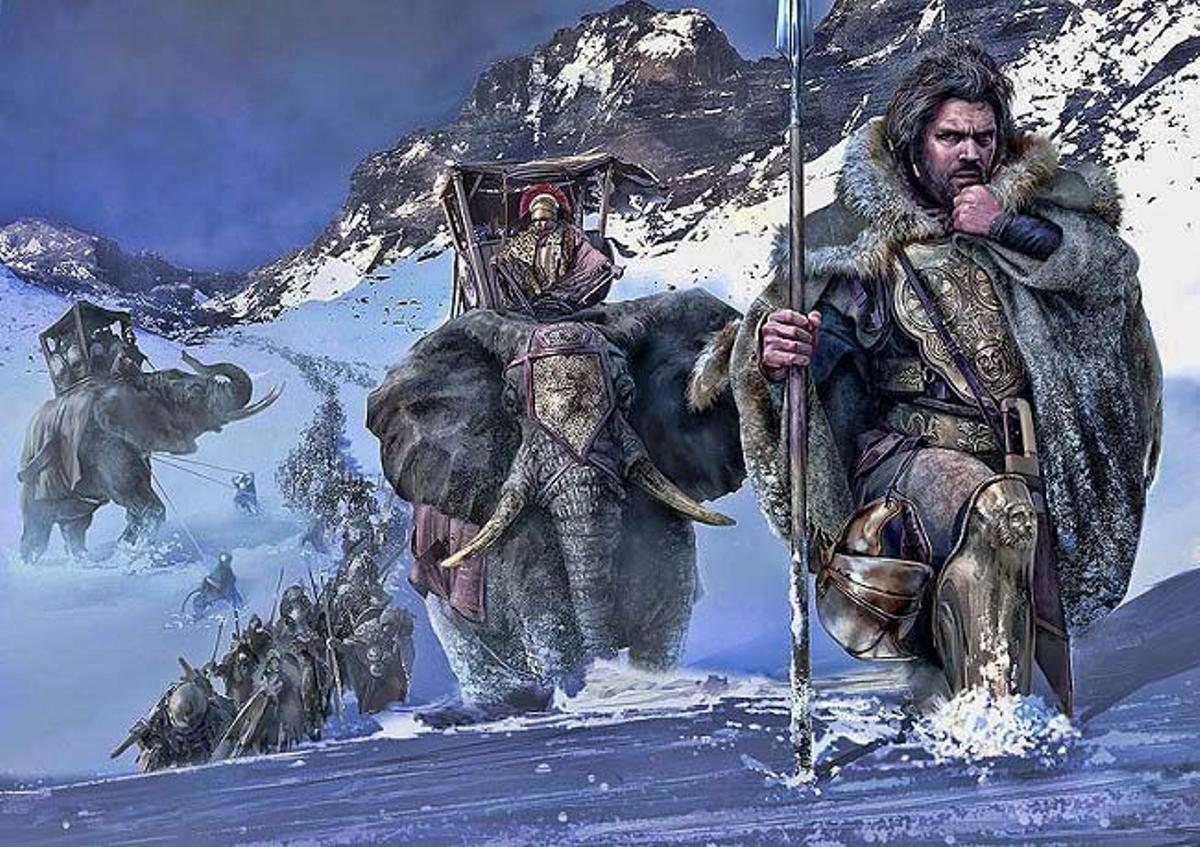 Ilustración de Aníbal Barca y su ejército cruzando Los Alpes.