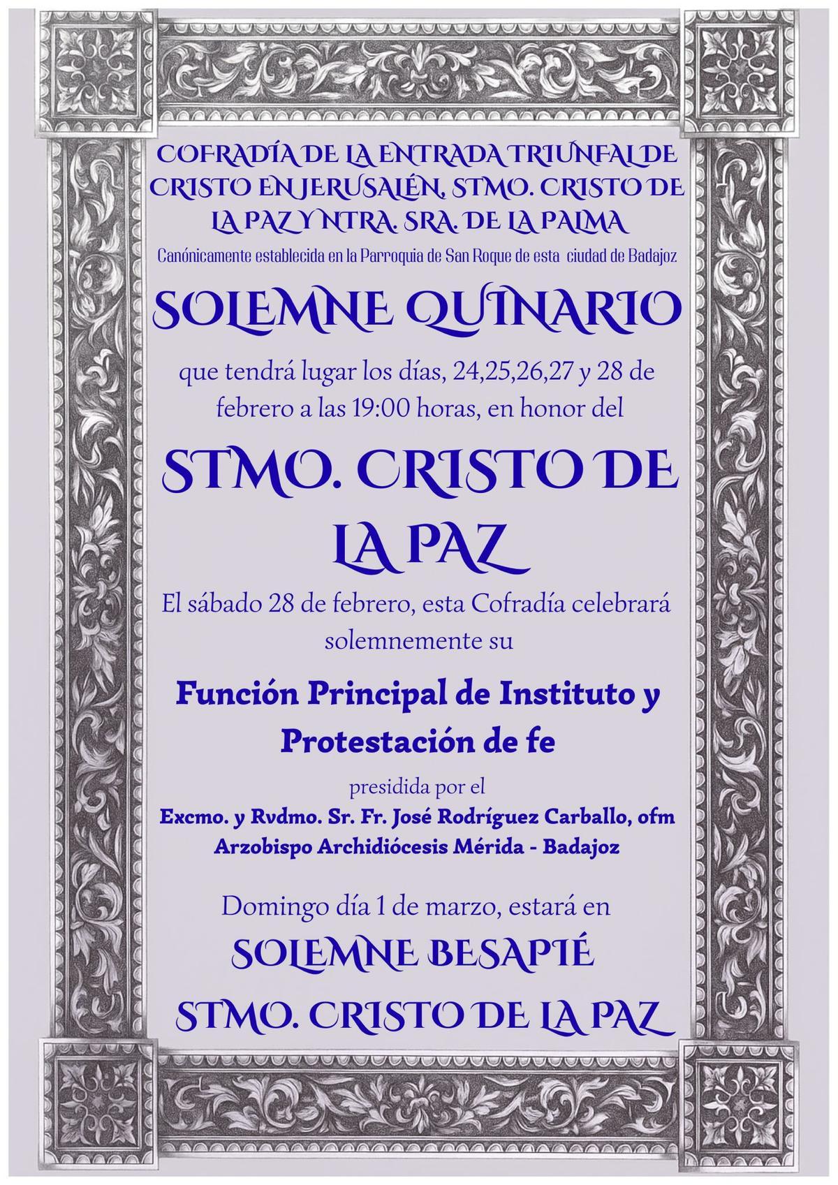 Cartel del Quinario en honor al Cristo de la Paz.
