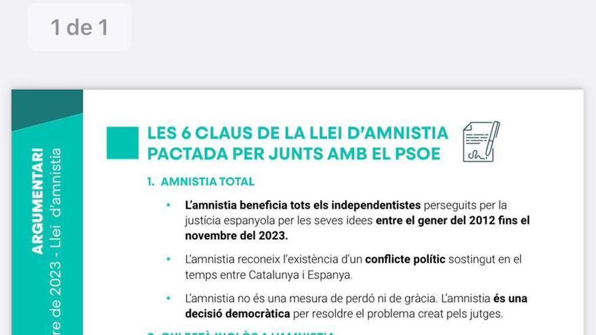 Argumentario de Junts argumentando que el 'lawfare' están en la ley de amnstía.