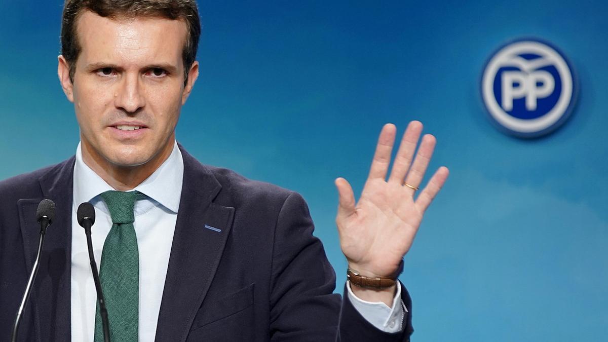 Rueda de prensa de Pablo Casado en la sede del PP