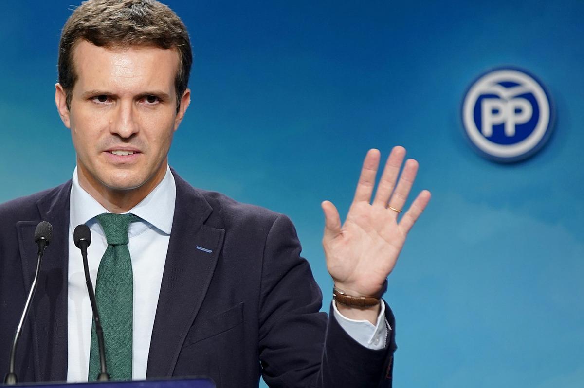 Rueda de prensa de Pablo Casado en la sede del PP.