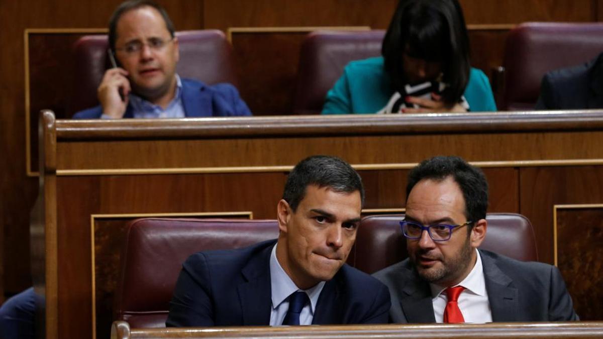 Pedro Sánchez con quien era su portavoz parlamentario, Antonio Hernando, el 19 de julio de 2016 en el Congreso.