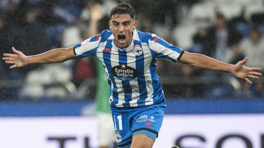 Davo celebra su gol a la SD Logroñés en Riazor. |  // CASTELEIRO / ROLLER AGENCIA