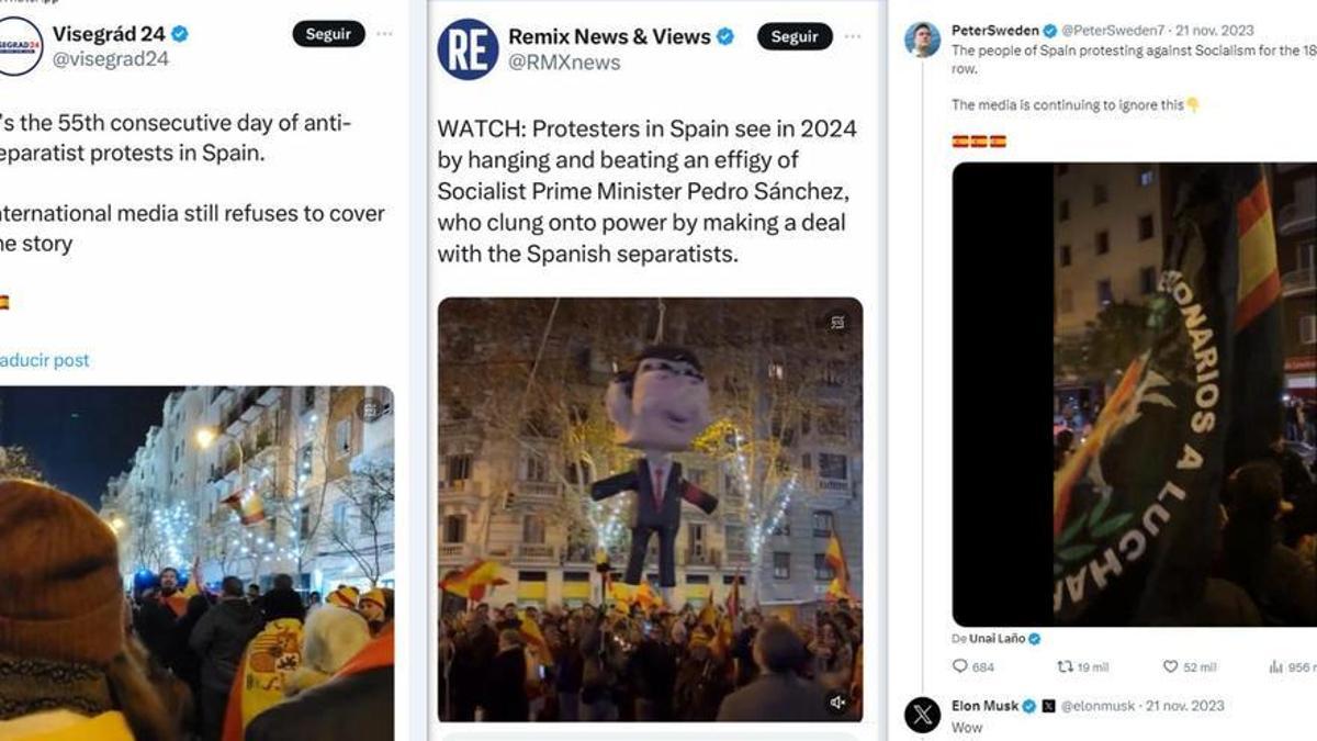 Propagandistas ultras difunden las protestas de Ferraz en redes sociales. A la derecha, el post comentado por Elon Musk.