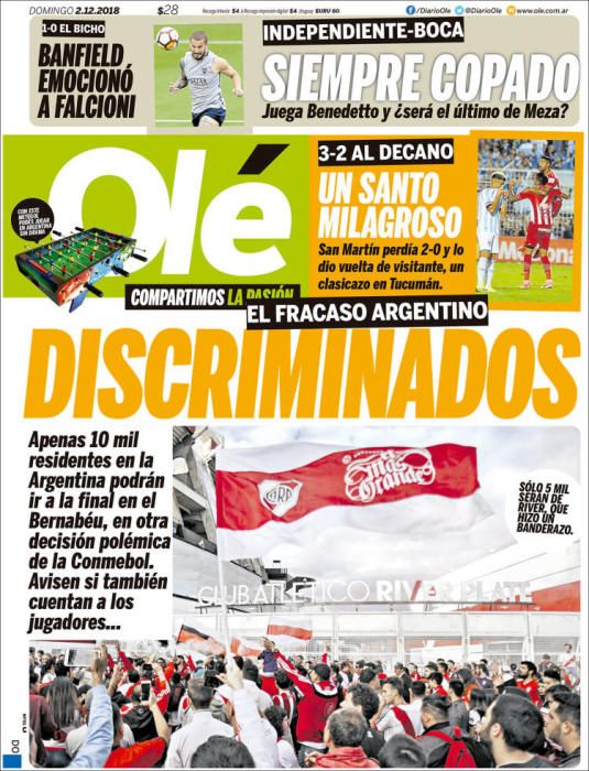 Portada OLÉ domingo 2 diciembre 2018