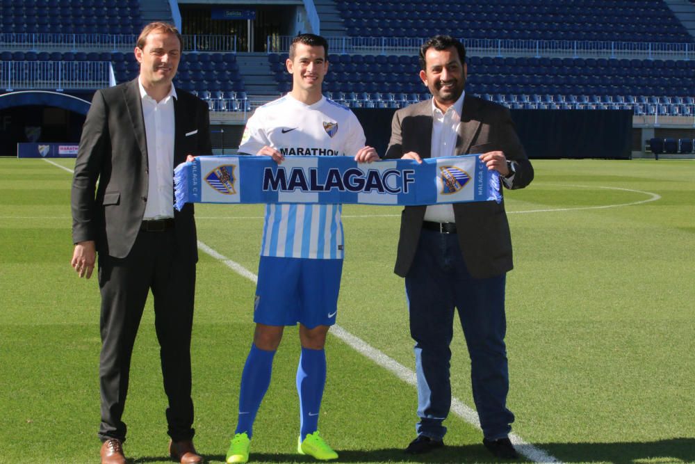 El defensa madrileño es presentado en La Rosaleda como nuevo jugador del Málaga CF. Es la tercera incorporación en el mercado invernal del club blanquiazul.